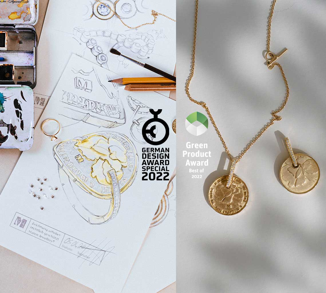 Skizze der Wilderness Rings und Foto des Anhängers plus Logos des German Design Award Gewinns und des Green Product Award Gewinns