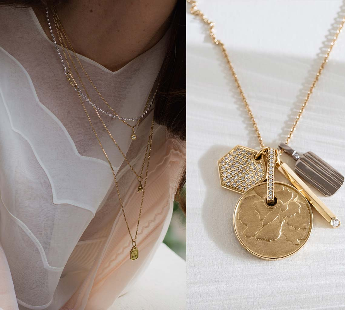 Kettenanhänger aus recyceltem Gold mit Labor Diamanten an Frau