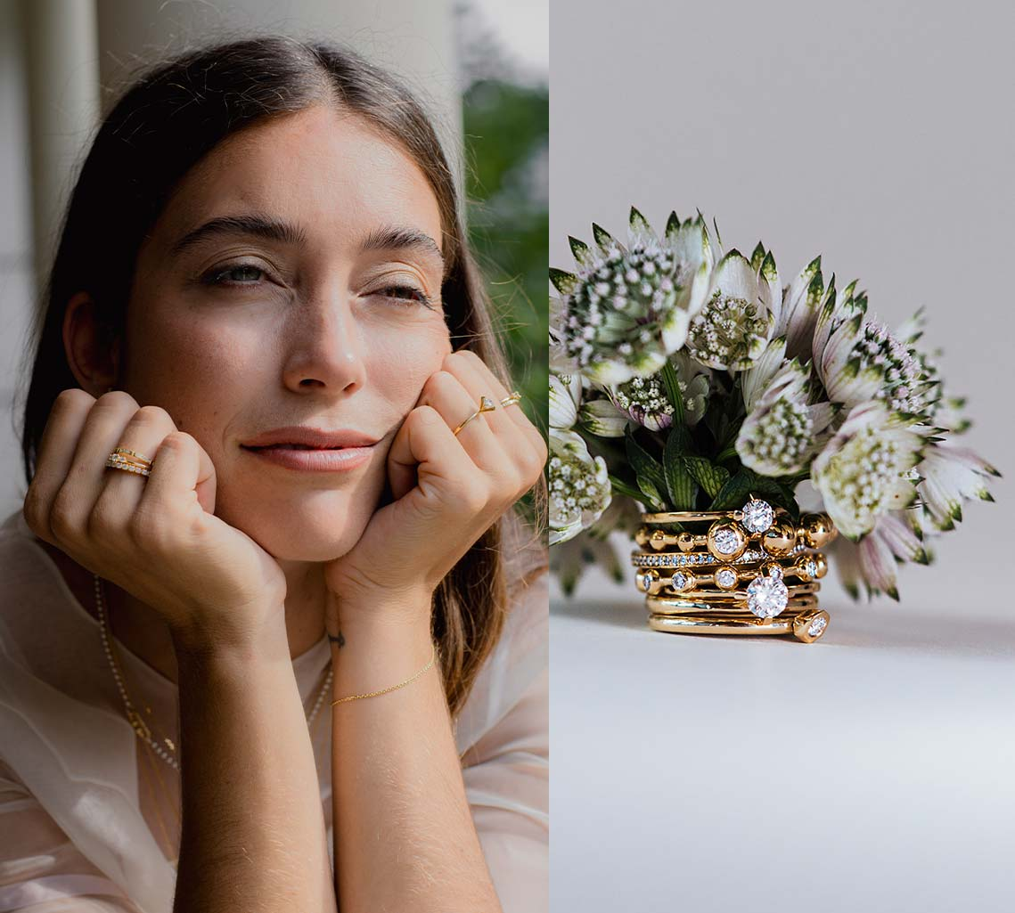 Frau mit mehreren Ringen und ein Ringstapel mit Blumen