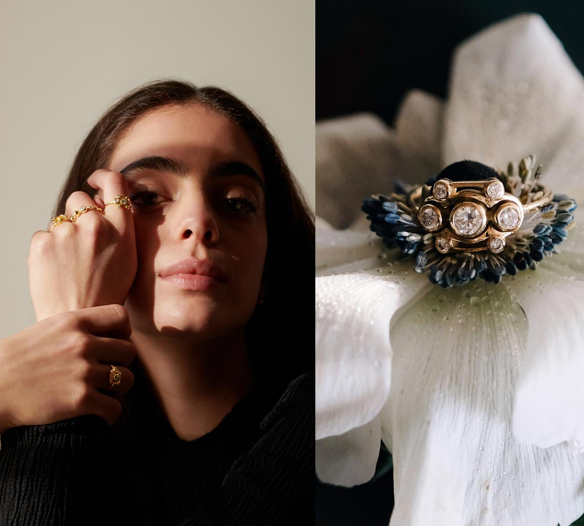 Frau mit Ringen und Blüte mit Ring Mid Century Inspiriert