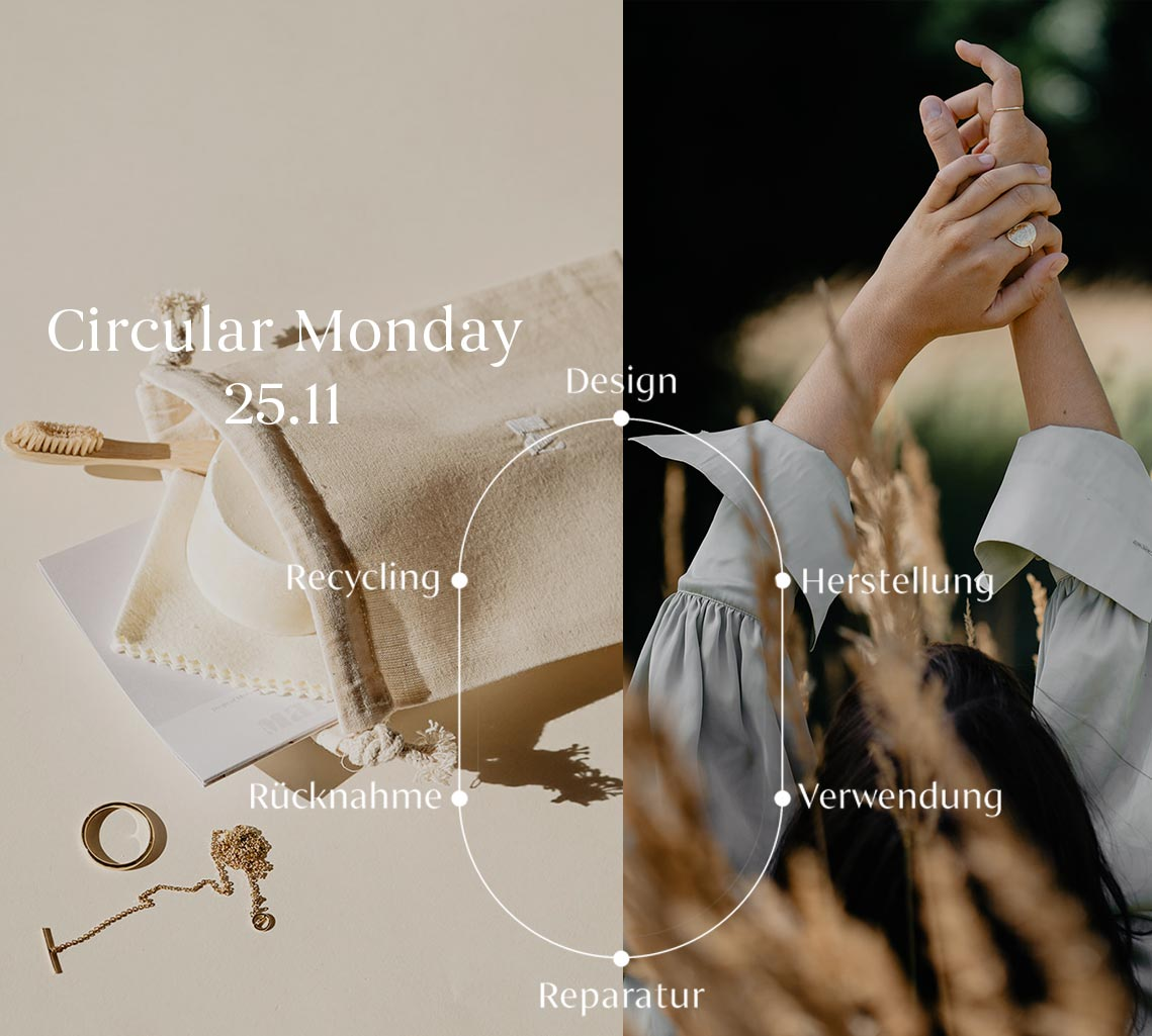 Schmuck Reinigungsset zum Circular Monday 2024 Diagramm unserer Kreislaufwirtschaft und Frau mit Händen in der Luft und Ringen