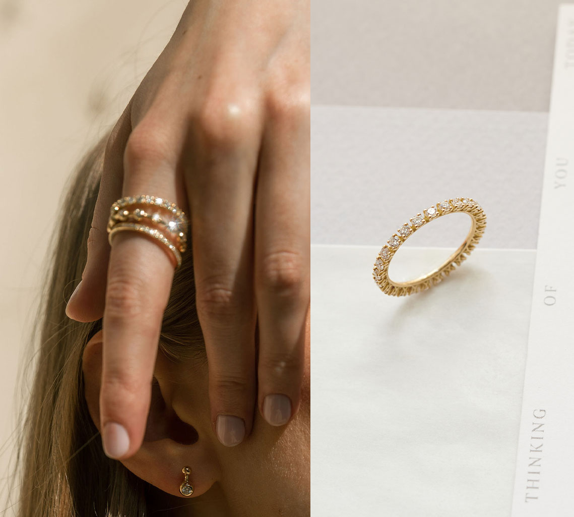 Hand mit 3 verschiedenen Ewigkeitsringen und ein Memoirering