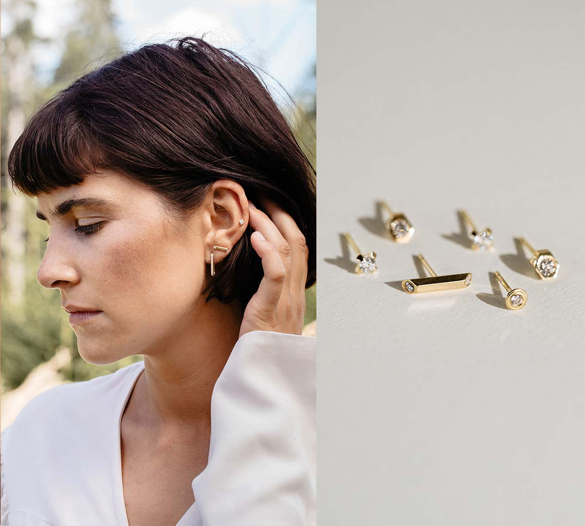 Frau mit Gold Ohrsteckern und Beispiel von verschiedenen Ohrstecker Designs in 18 Karat Gold