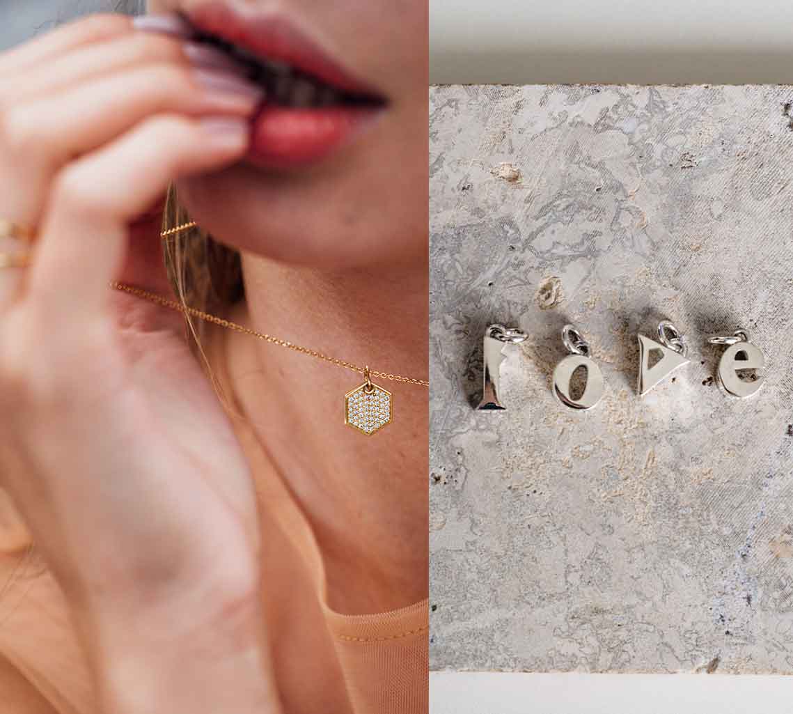 Gold Anhänger mit Diamanten und Silver Buchstaben die Love schreiben im Sale