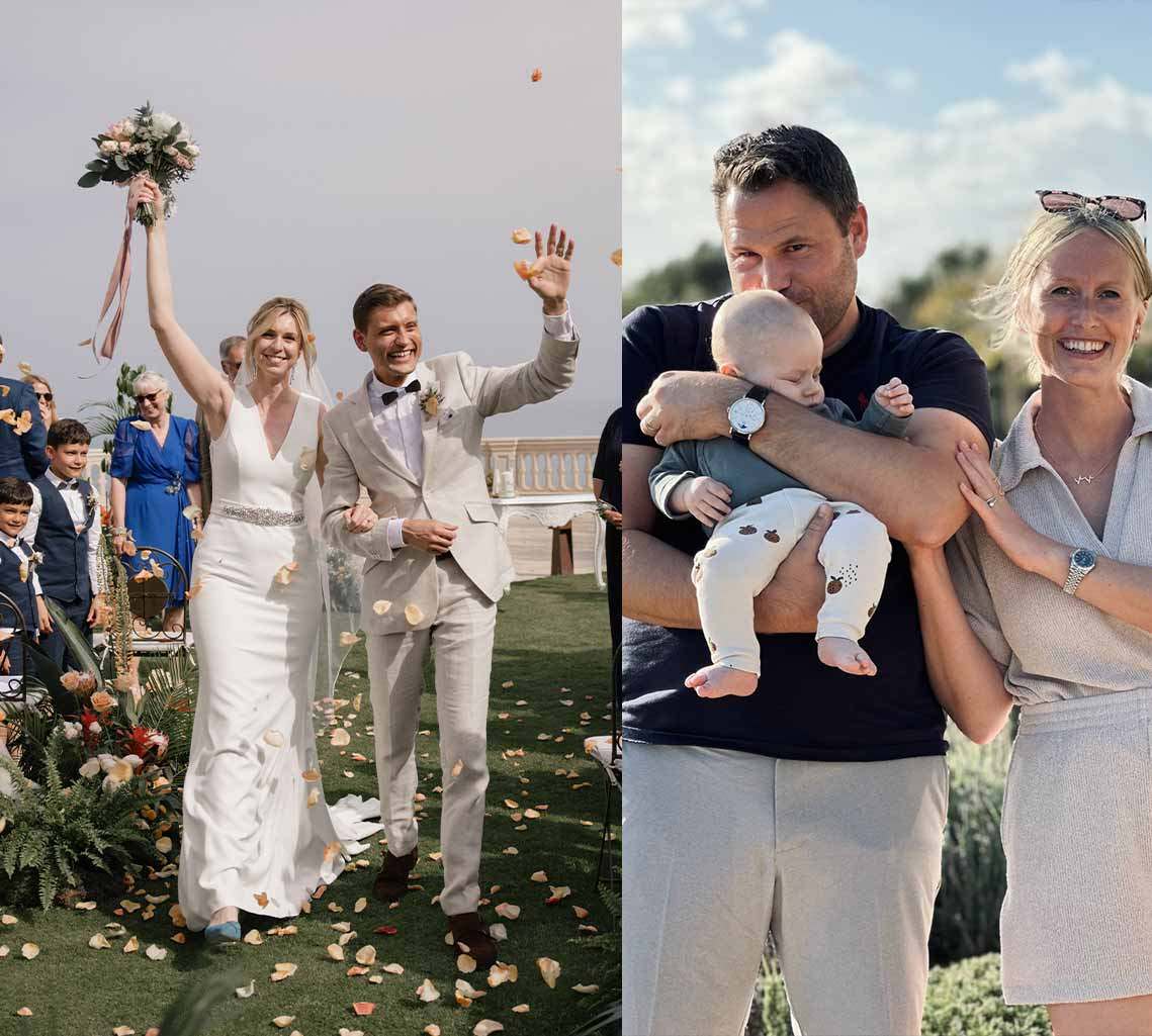 Hochzeitspaar und Paar mit Baby