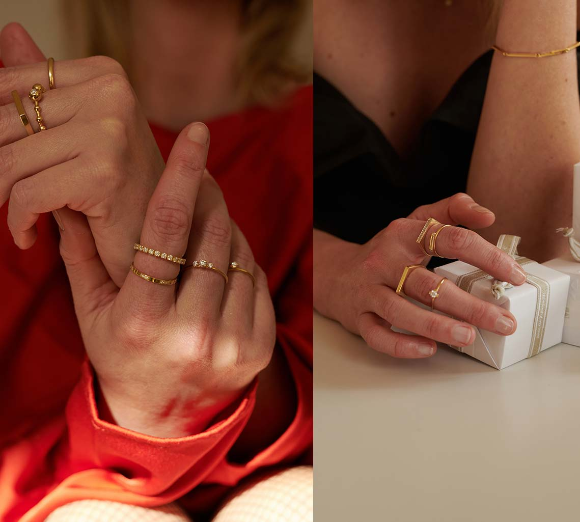 Frau mit Valentinstag Geschenk in der Hand und Gold Ringen mit Labor Diamanten an der Hand im rotem Kleid