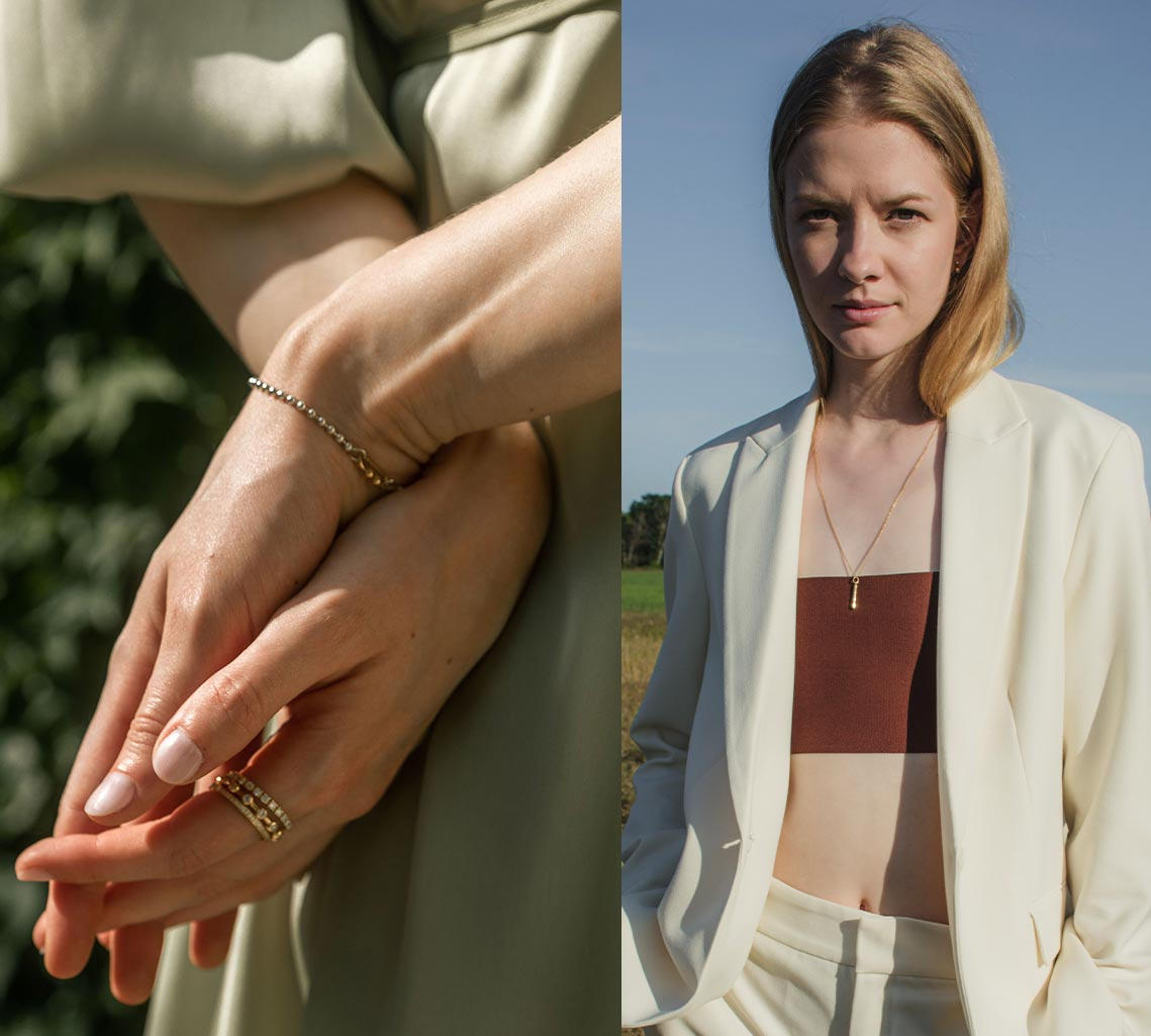Hände mit Armband und Ringen und Frau mit Gold Halskette