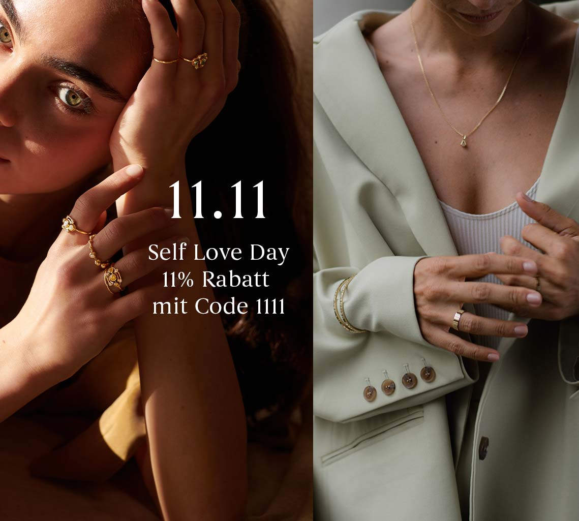 Zwei Frauen mit nachhaltigem Schmuck und Promo Code für den Self Love Day Singles Dayam 11.11