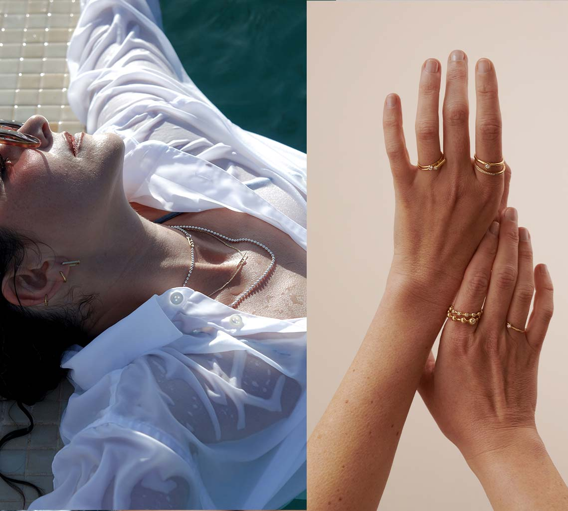 Frau im Pool mit Bluse und Ketten Layering und Hände mit Ringstacking