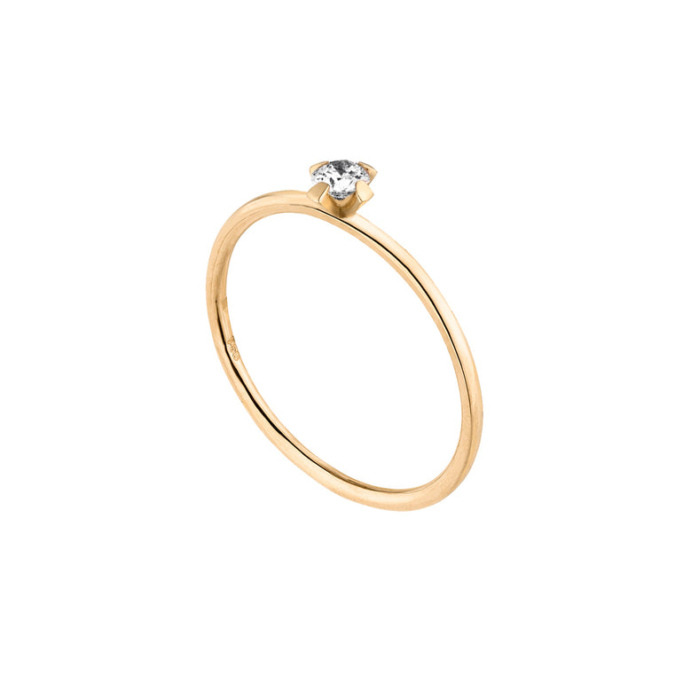 Mini Verlobungsring, feiner recycelter Goldring mit weißem Labor Diamanten im klassischen Solitärring Stil