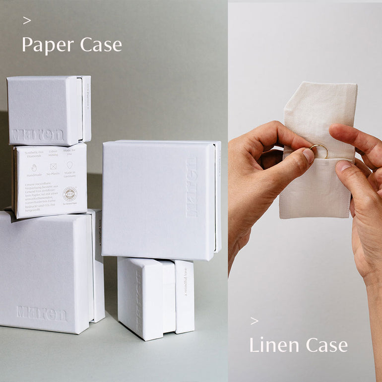 Beispiel Fotos unsere nachhaltigen Schmuckschachtel komplett aus Papier ohne Plastikeinlage und Beispiel unseres nachhaltigen Leinen Beutels für Schmuckstücke