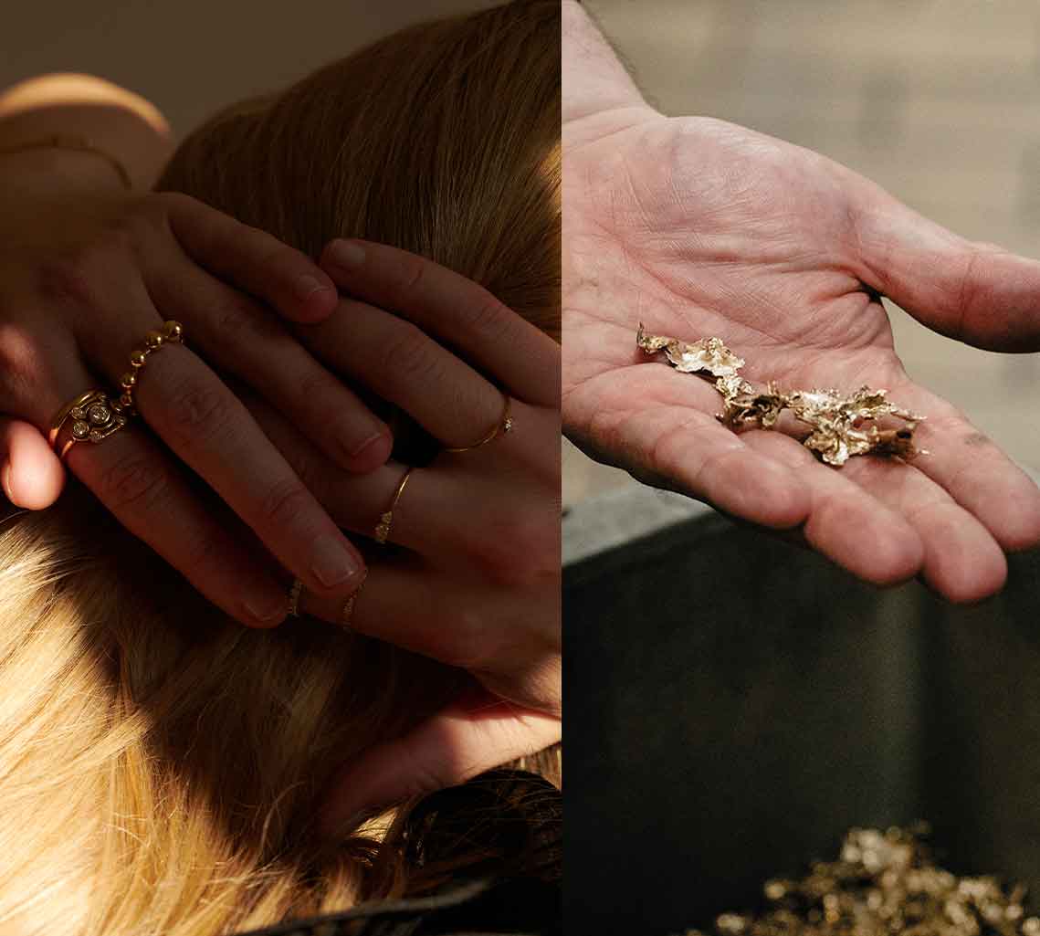 Designer Goldschmuck an Frauen hand daneben wir recycelters Gold gezeigt