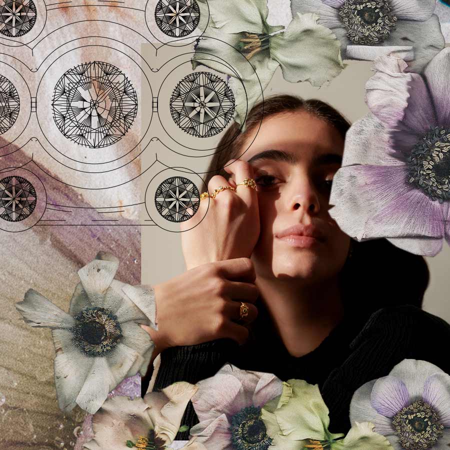 Moodboard for the Blossom Flower Collection shows graphic mid-century and floral inspiration