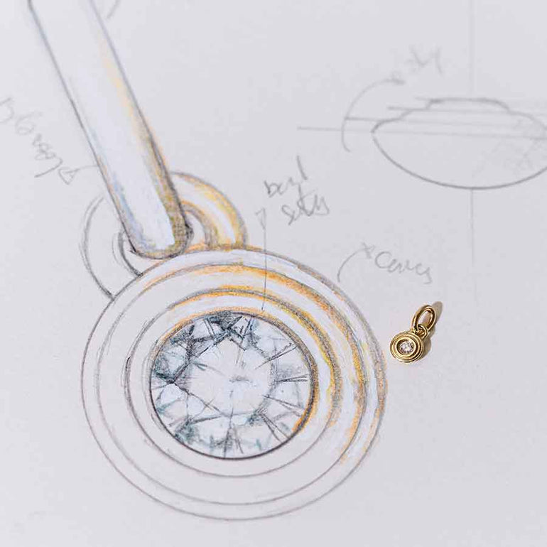 Design des Tropfen Anhängers aus recyceltem Gold und Labor Diamanten