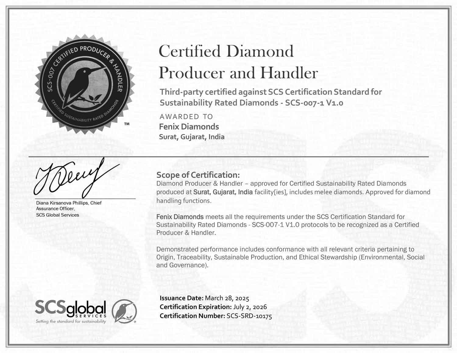 SCS Zertifikat über nachhaltige Diamanten für Fenix Diamonds
