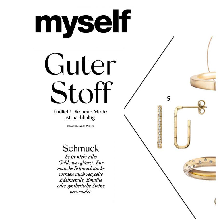 Eckige DEsigner Creolen in der Myself als nachhaltiger Schmuck aus recyceltem gold