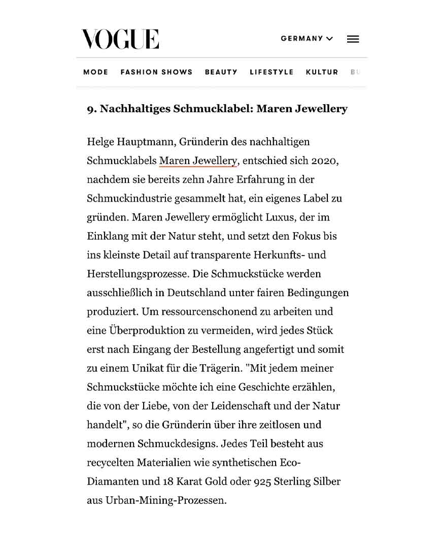 Nachhaltiges Schmucklabel Maren in der Vogue