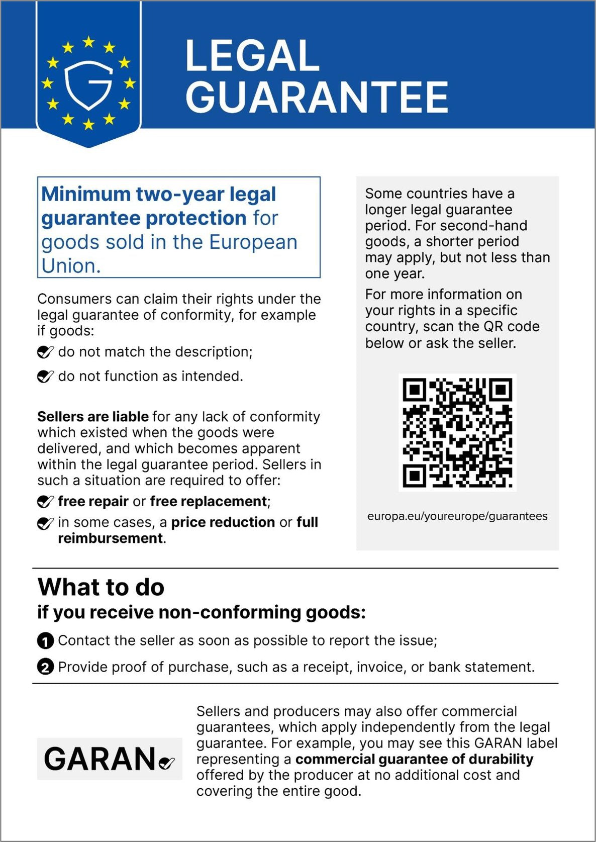 Seal for minimum two-year legal guarantee protection for goods sold in the European Union