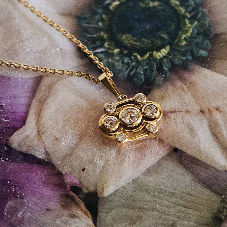 Designer pendant with white lab-grown diamonds on floral blossoms