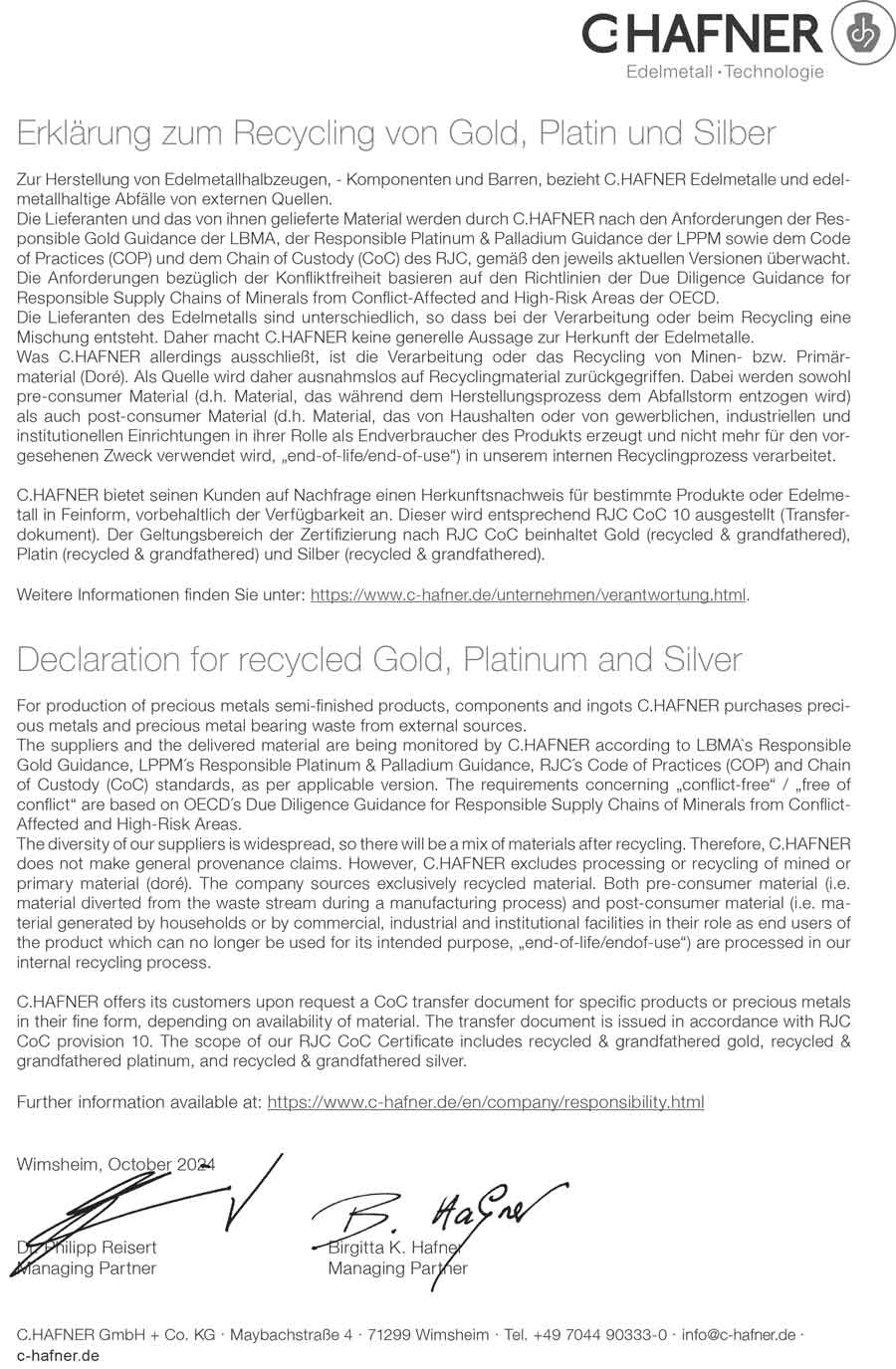 Offizielle Erklärung von C. Hafner zur Herkunft von Recycling Gold
