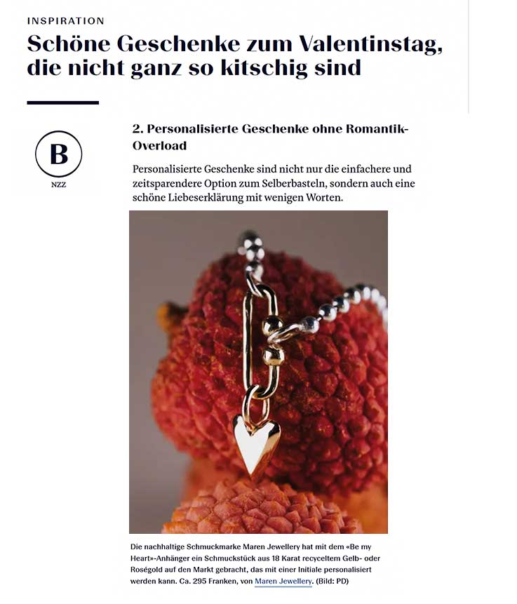 Die Bellvue NZZ empfiehlt den schlichten und eleganten Schmuck von Maren Jewellery als Valentinstagsgeschenk