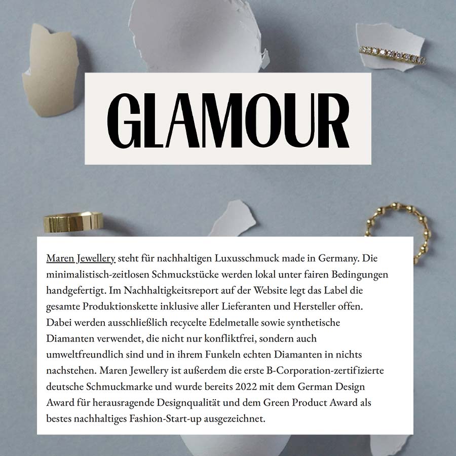 Glamour schreibt über Maren Jewellery als nachhaltigen Luxusschmuck 