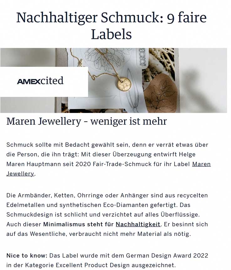 Das AMEXited American Express Magazin hebt Maren Jewellery als nachhaltiges Schmuck Label hervor
