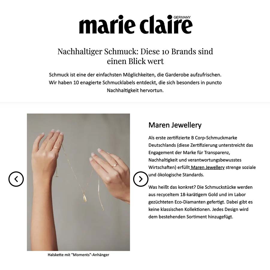 Marie Claire nennt Maren Jewellery als eines von 20 nachhaltigen Schmuck Brands