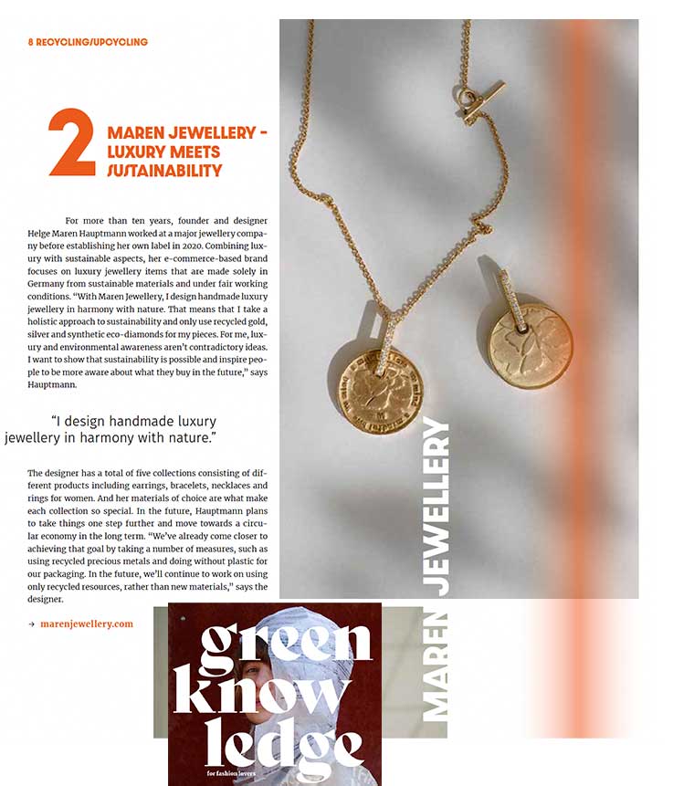 Die Green Knowledge präsentiert auf einer ganzen Seite den nachhaltigen Schmuck von Maren Jewellery