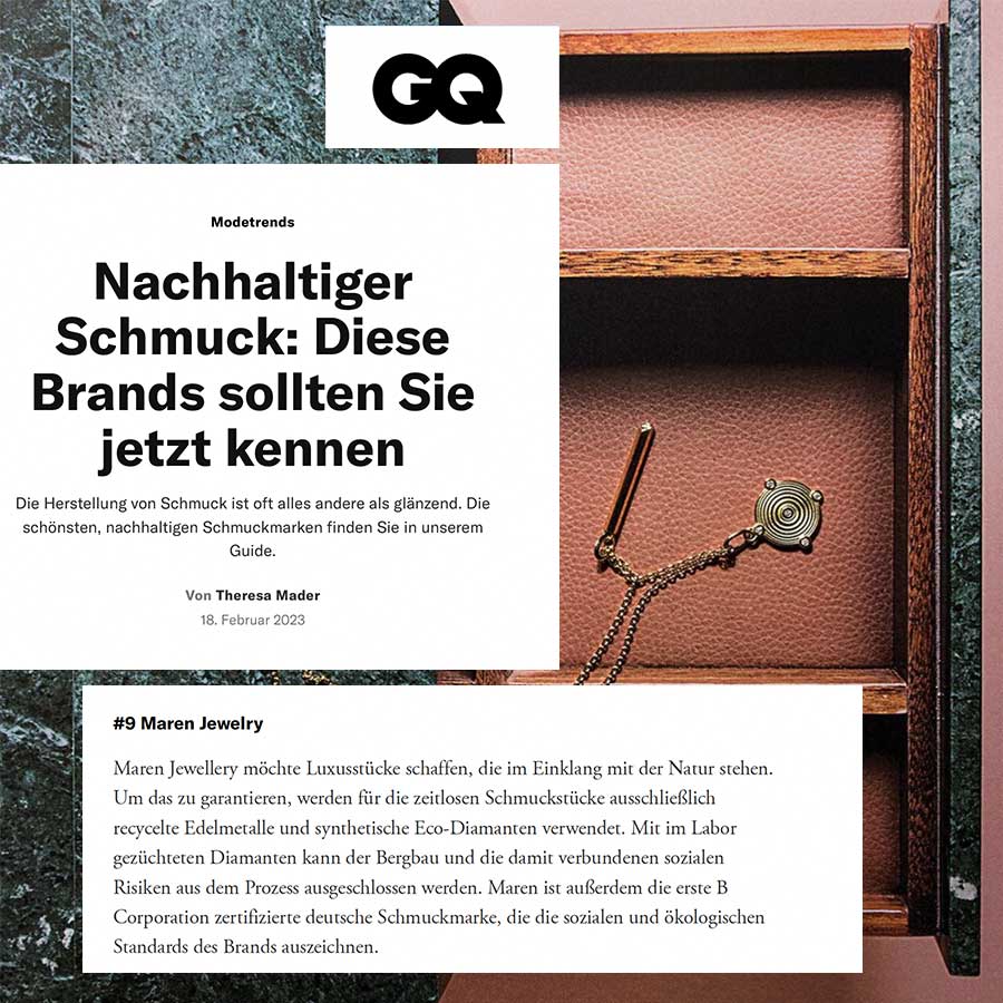 GQ nennt Maren Jewellery als eines der nachhaltigen Schmuck Brands die man kennen sollte