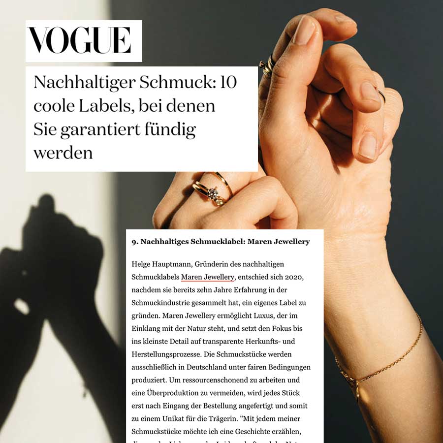 Vogue zeigt Maren Jewellery als eines der 10 nachhalitgen Schmuck Label