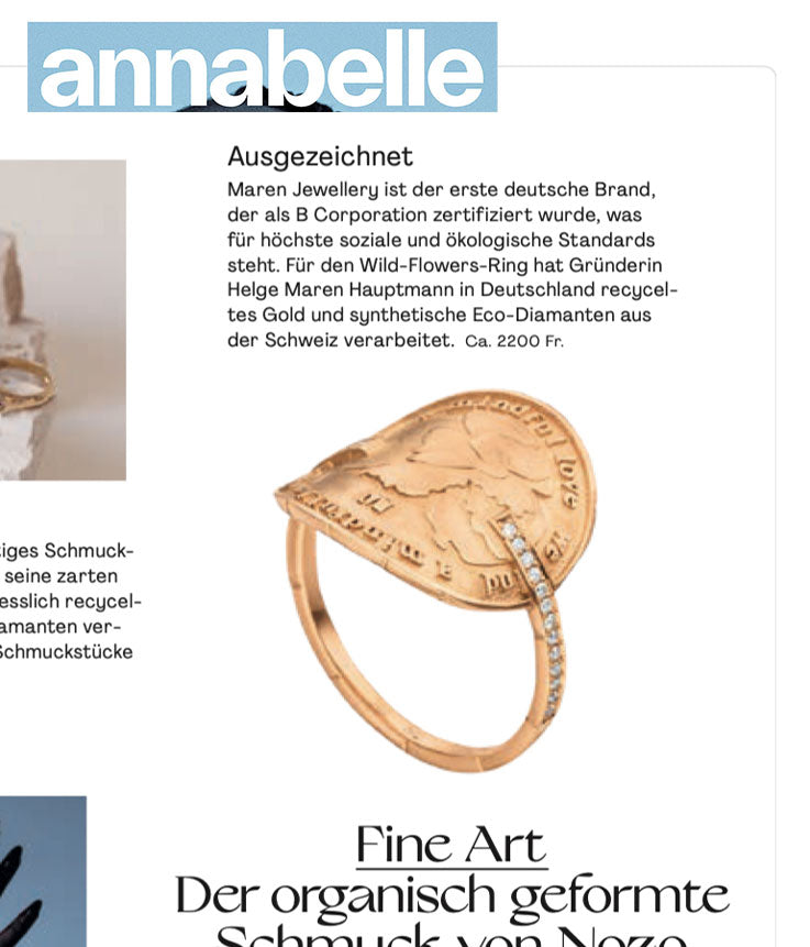 Ein nachhaltiger Coin Ring von Maren Jewellery wird im Annabelle Magazin beworben