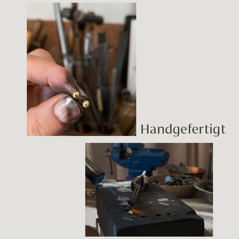 Mini Kugel Ohrringe aus recyceltem Gold bei der Herstellung von Hand in der Goldschmiede von Maren Jewellery