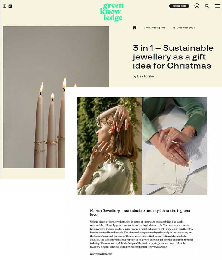 Die Green Knowledge präsentiert auf einer ganzen Seite den nachhaltigen Schmuck von Maren Jewellery