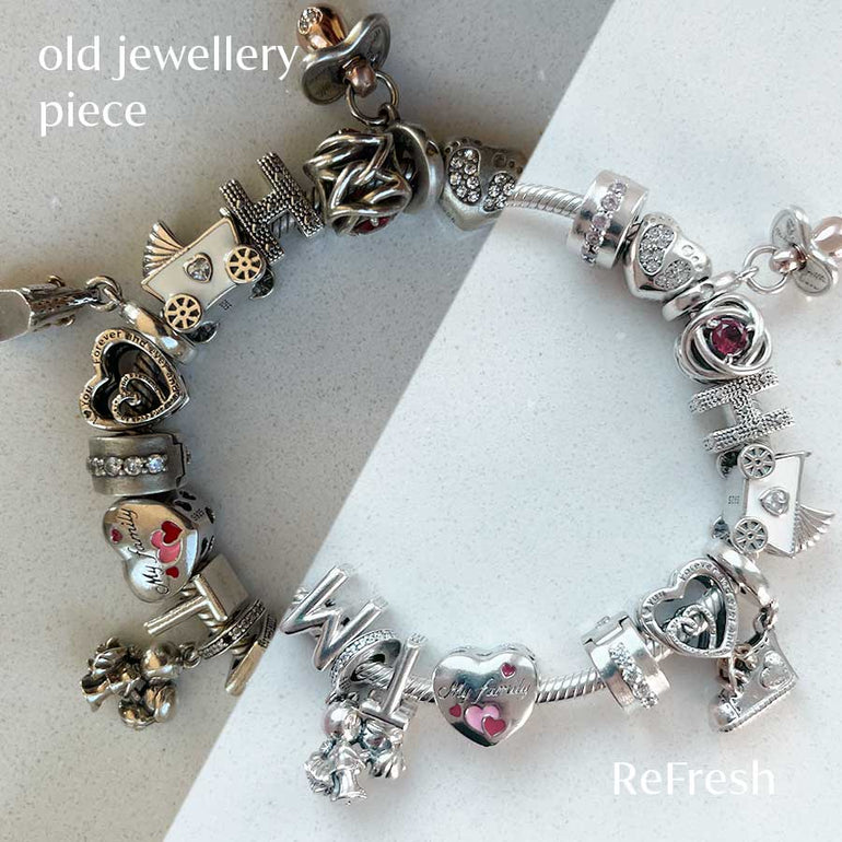 Vorher / Nachher Vergleich einer gereinigten Silberkette mir vielen aufwändigen detailreichen Anhängern