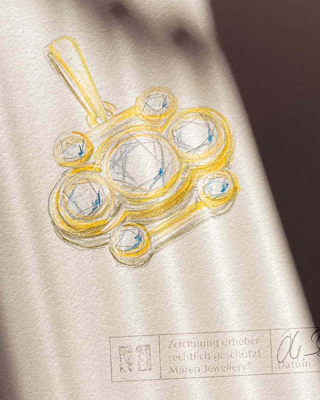 Hand sketch of an Art Deco pendant by Maren Jewellery