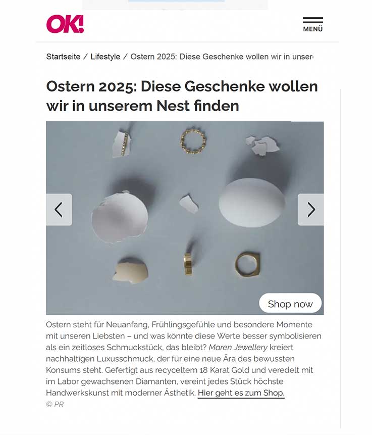 Die OK zeigt nachhaltigen Goldschmuck von Maren Jewellery als Ostergeschenk Idee