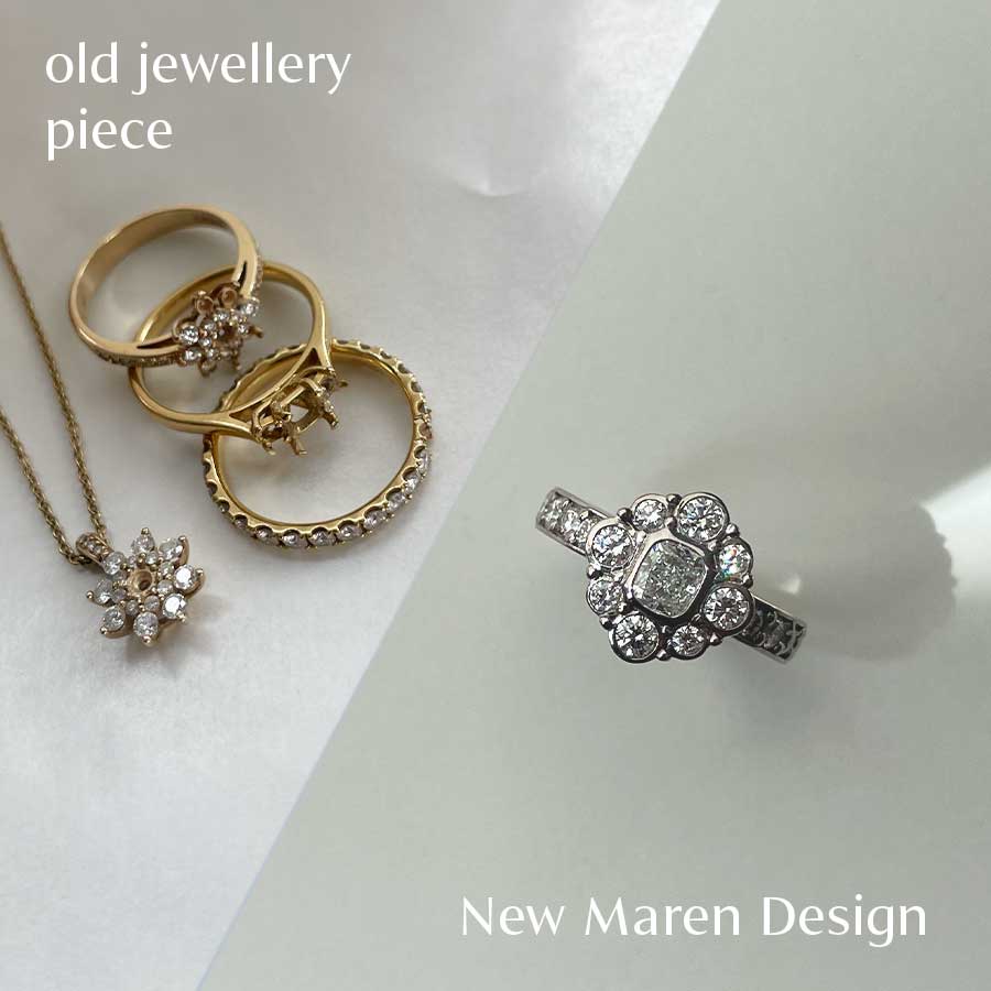 Collage zeigt Umarbeitung von altem Schmuck auf der einen Seite zu einem neuen Schmuckstück auf der anderen Seite durch Maren Jewellery