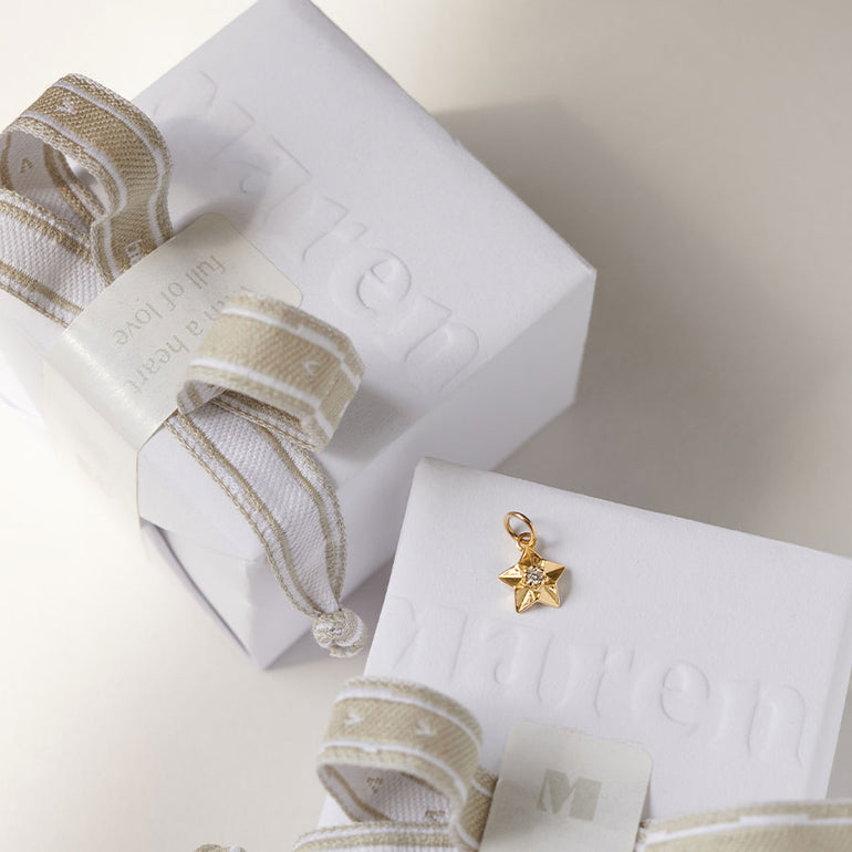 Stern Anhänger auf wunderschöner minimalistischer weißer Geschenk Verpackung zu Weihnachten