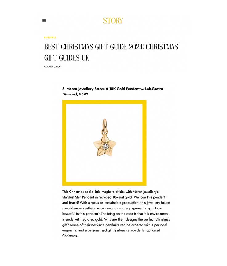 Das Story Magazin zeigt den nachhaltigen Sternanhänger von Maren Jewellery als bestes Weihnachtgeschenk in der Kategorie Schmuck