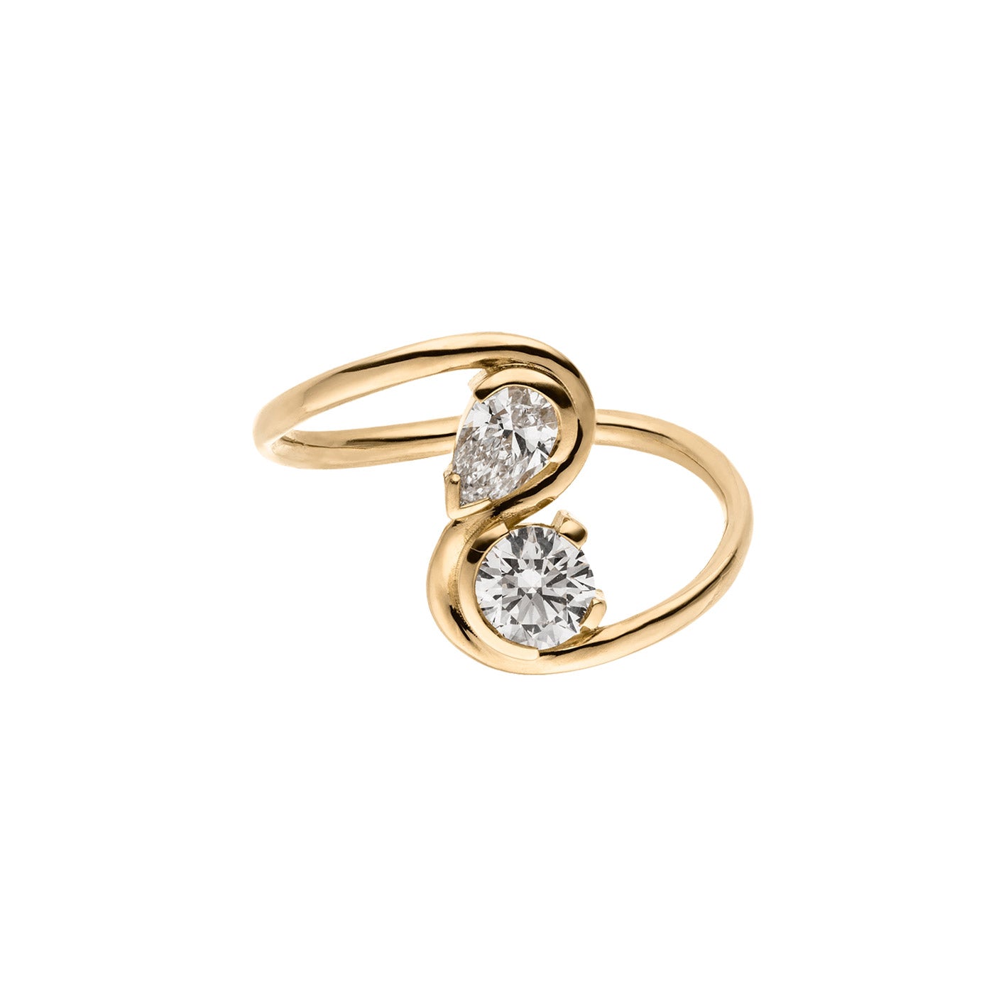 Gold Wellen Ring mit Pear und rundem Labordiamten 0,8 carat