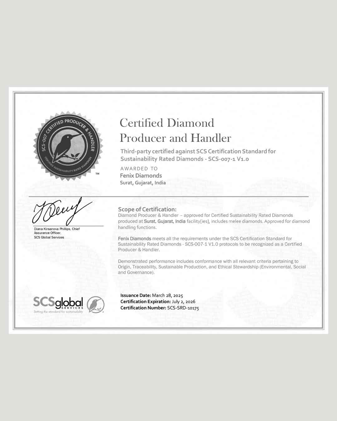 SCS Zertifikat über nachhaltige Diamanten für Fenix Diamonds